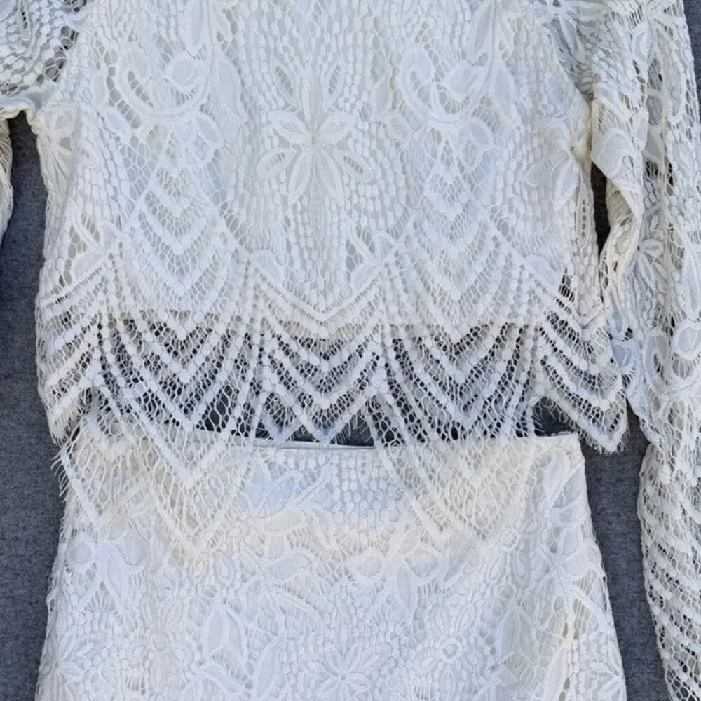 Danity Ivory Lace Two Piece Set Crop Top Skirt Boho Size Small